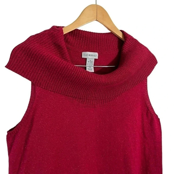 Catherines Red Metallic Sparkle Knit Tank 1X Draped Rolled Turtleneck Sweater - Picture 4 of 5